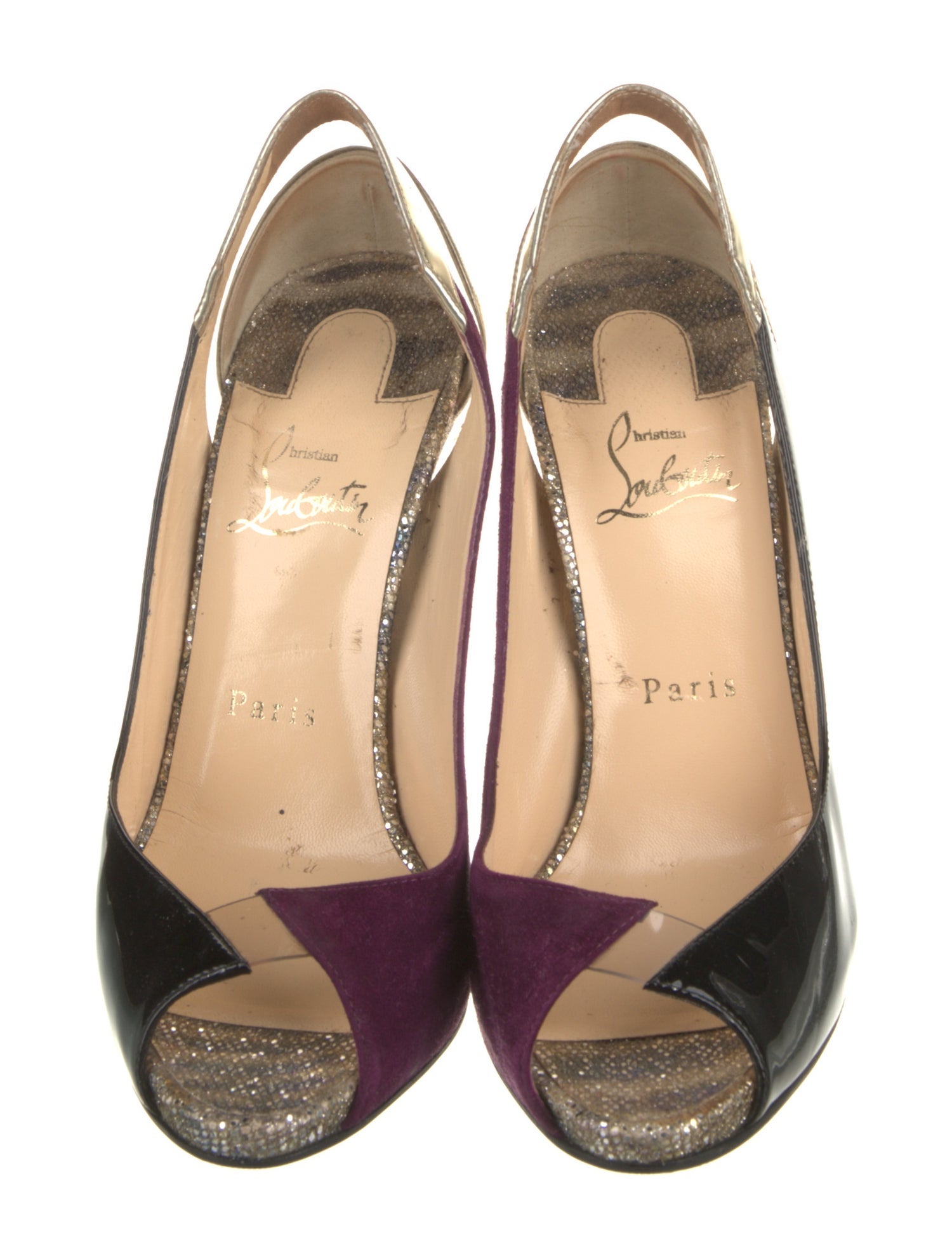 Christian Louboutin Patent Leather Glitter Accents Slingback Pumps